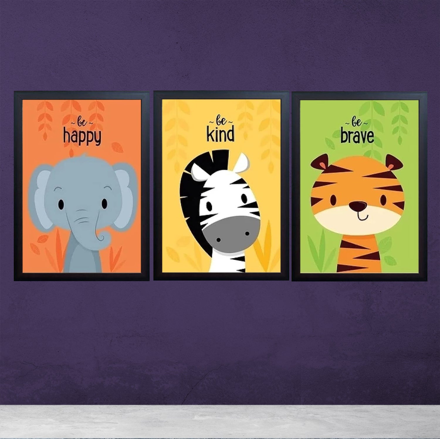 Set of 3 Elephant Zebra Frames Cartoon Animals Nursery Art Kids Wall Painting Pictures Kids Room Decoration - 0