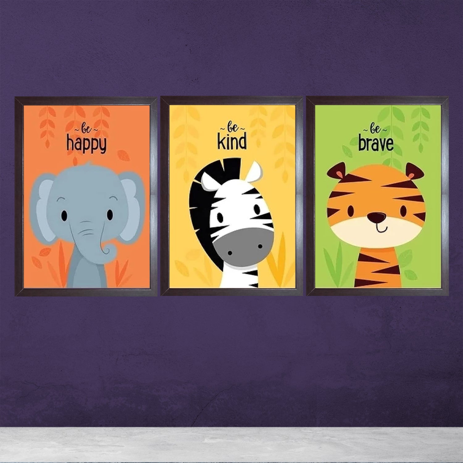 Set of 3 Elephant Zebra Frames Cartoon Animals Nursery Art Kids Wall Painting Pictures Kids Room Decoration