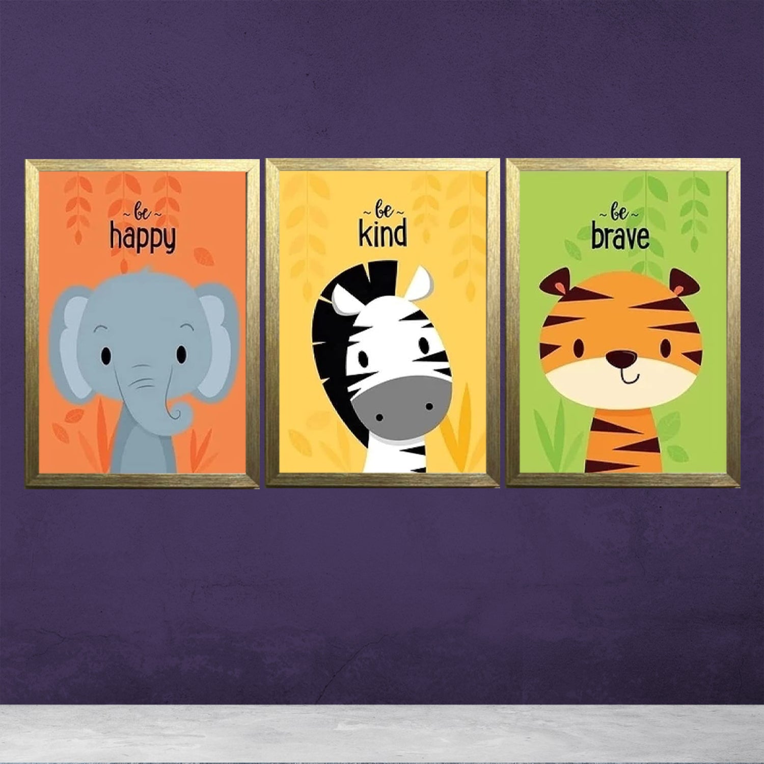 Set of 3 Elephant Zebra Frames Cartoon Animals Nursery Art Kids Wall Painting Pictures Kids Room Decoration
