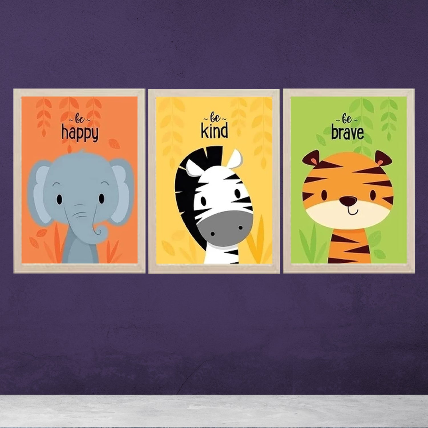Set of 3 Elephant Zebra Frames Cartoon Animals Nursery Art Kids Wall Painting Pictures Kids Room Decoration