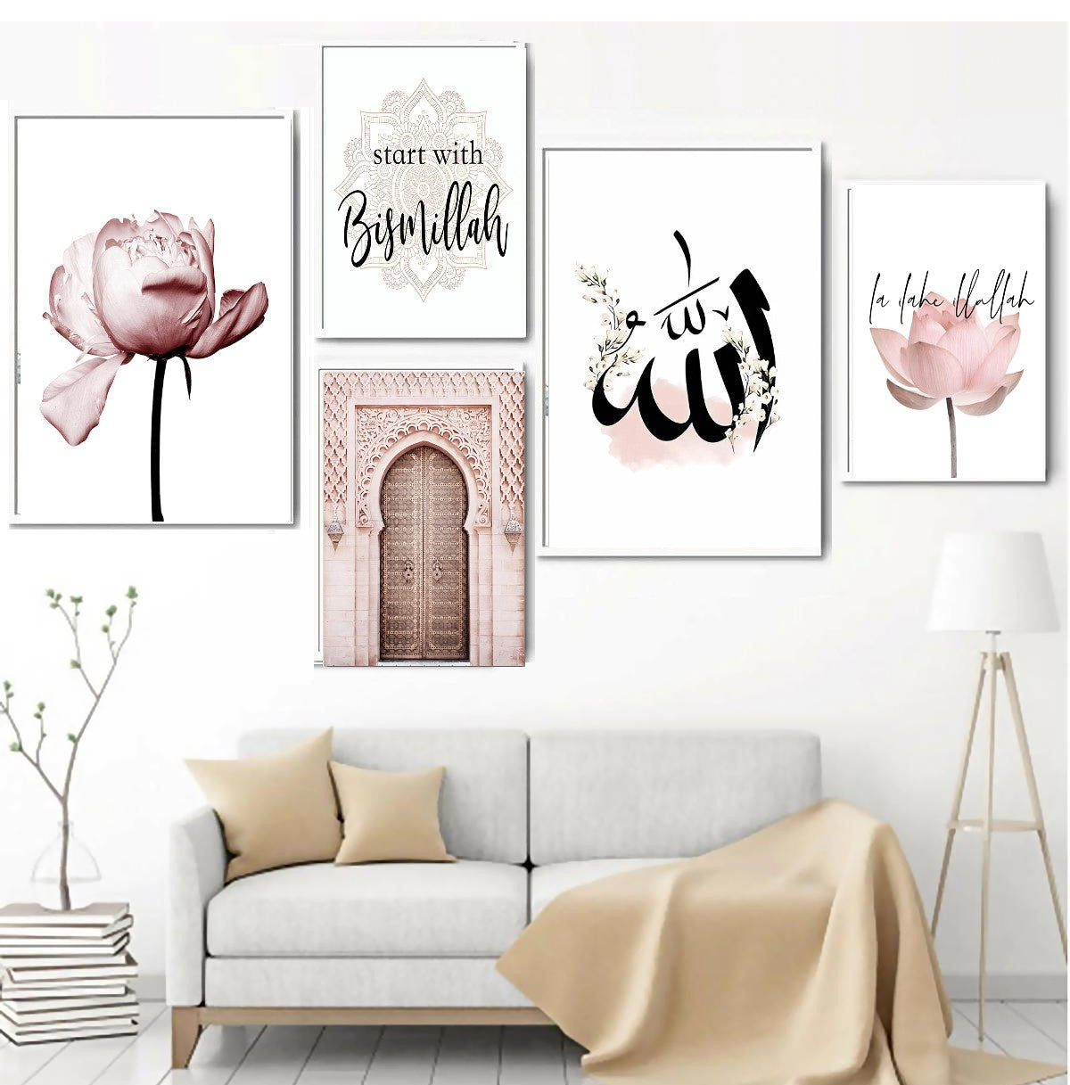 5 Pcs Islamic Frame set, Calligraphy Style Room Decor (12x18" - 2 pc, 8x12" - 3pc))
