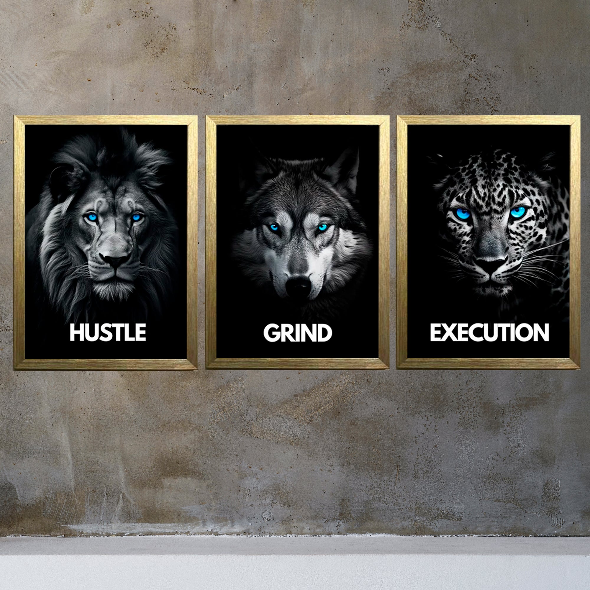 Buy gold Hustle , Grind And Execution Qoutes For Home And Offices Set of 3