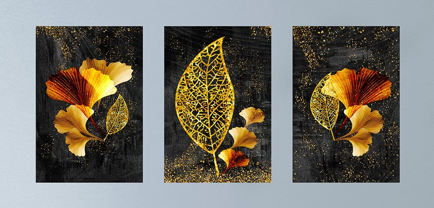 Stunning Gold Leaf and Flower on Canvas 3 pcs Abstract Frames